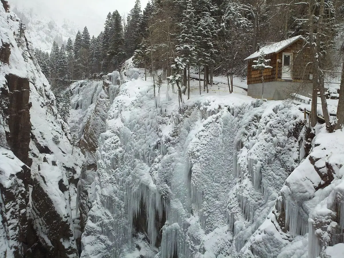 Snow and hanging icicles in the Uncompahgre Gorge beside Box Canyon at the south end of Ouray