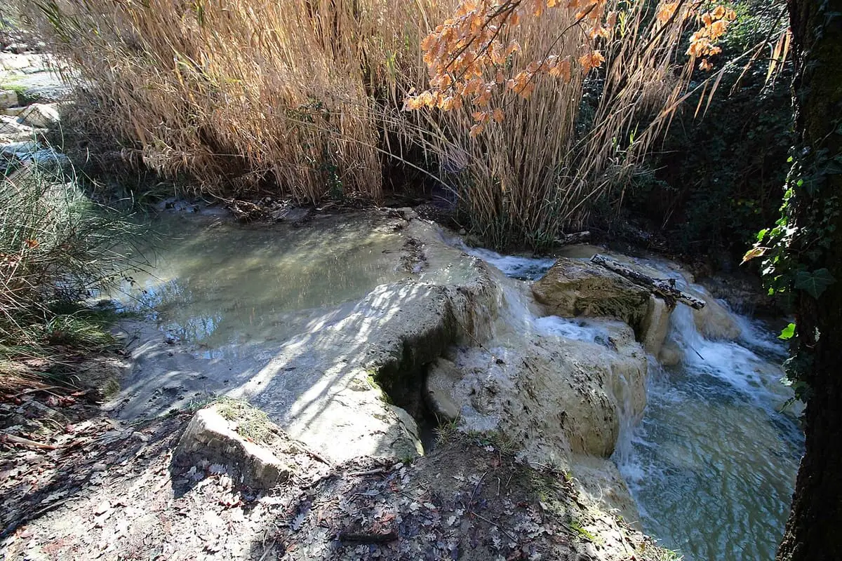 Thermal water running over pale travertine rocks in the Fosso Bianco stream