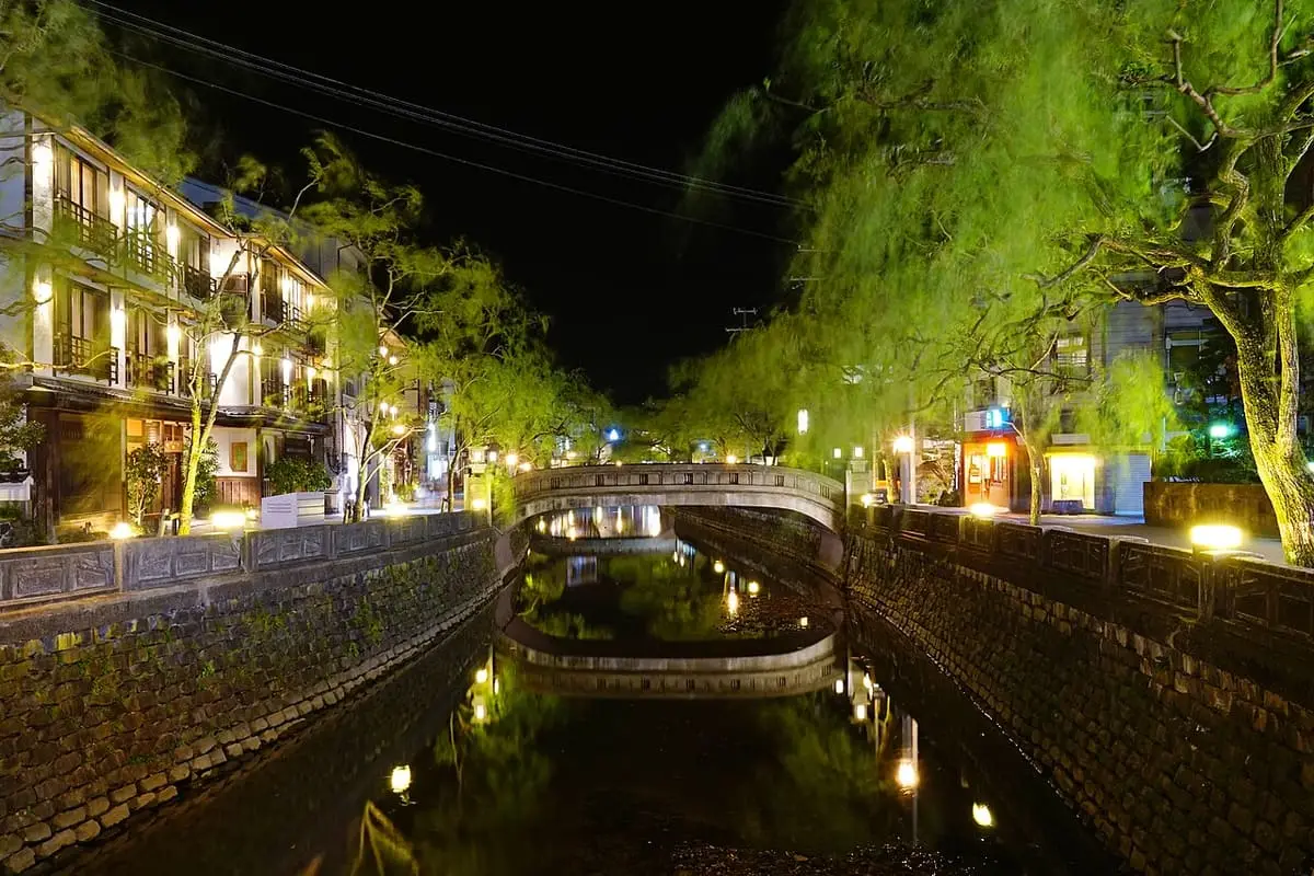 Kinosaki Onsen canal at night with lit willows, inns and a stone bridge reflected in the water
