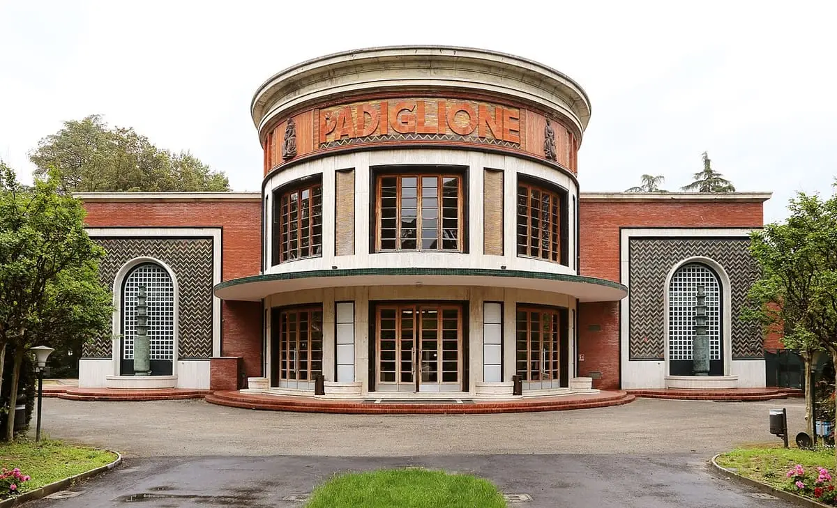 Padiglione delle Feste at Castrocaro Terme, a round brick pavilion decorated by Tito Chini