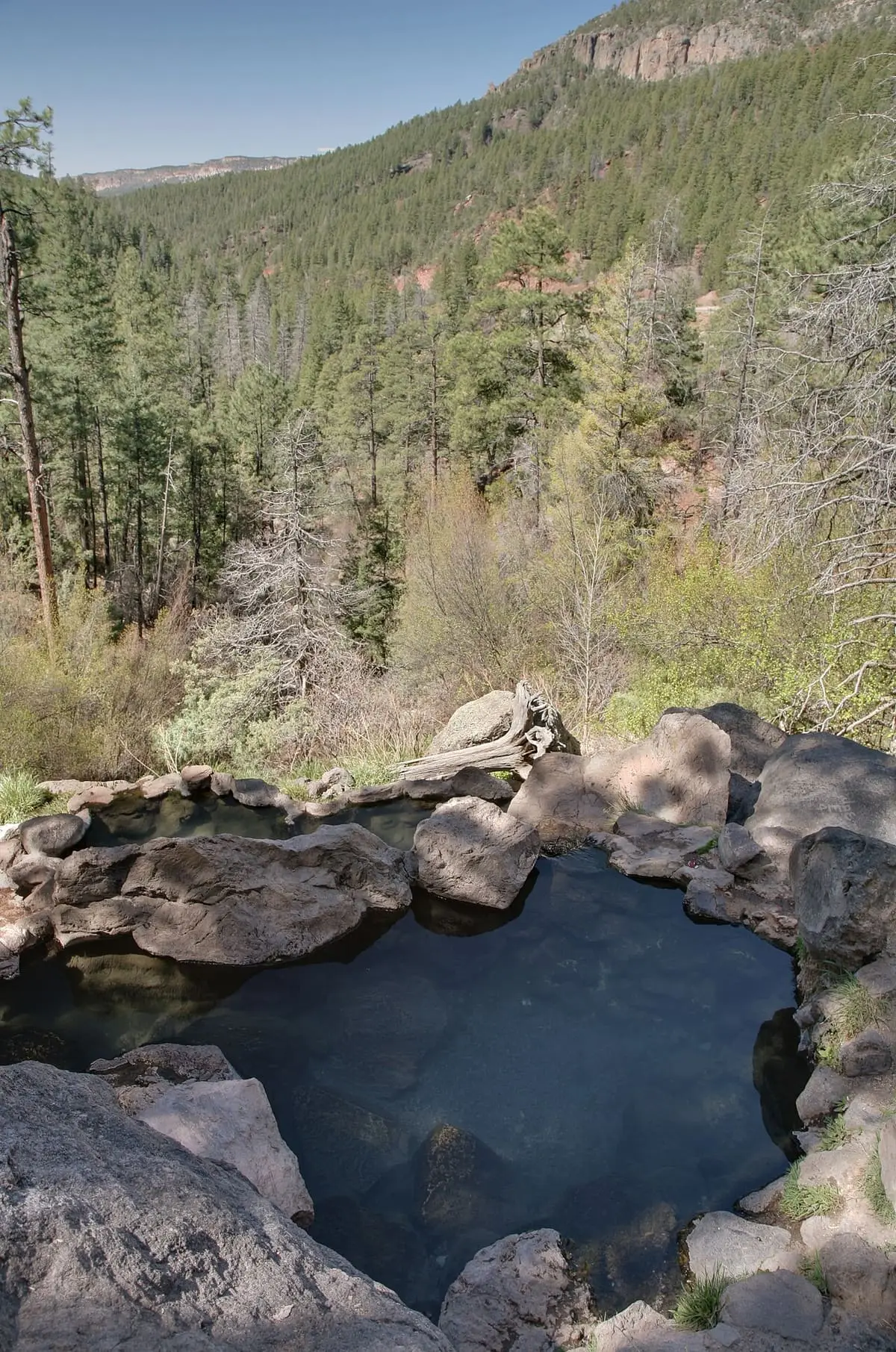Clear pool of Spence Hot Spring overlooking a forested Jemez Mountains canyon