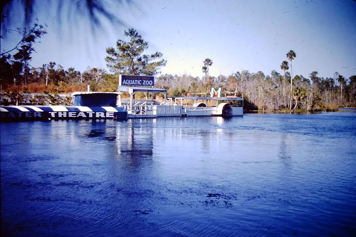 Weeki Wachee Spring and its underwater theater building in a 1950s color slide