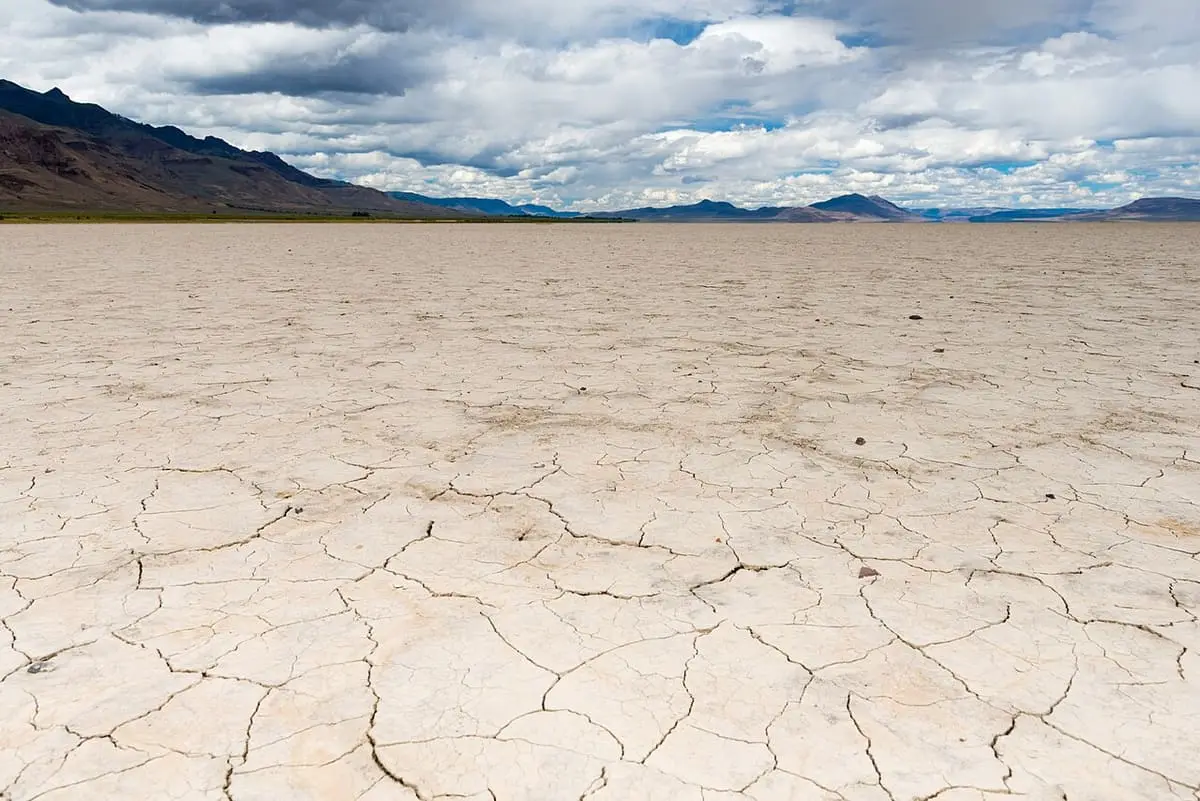 Cracked white playa of the Alvord Desert south of the hot springs under a cloudy sky