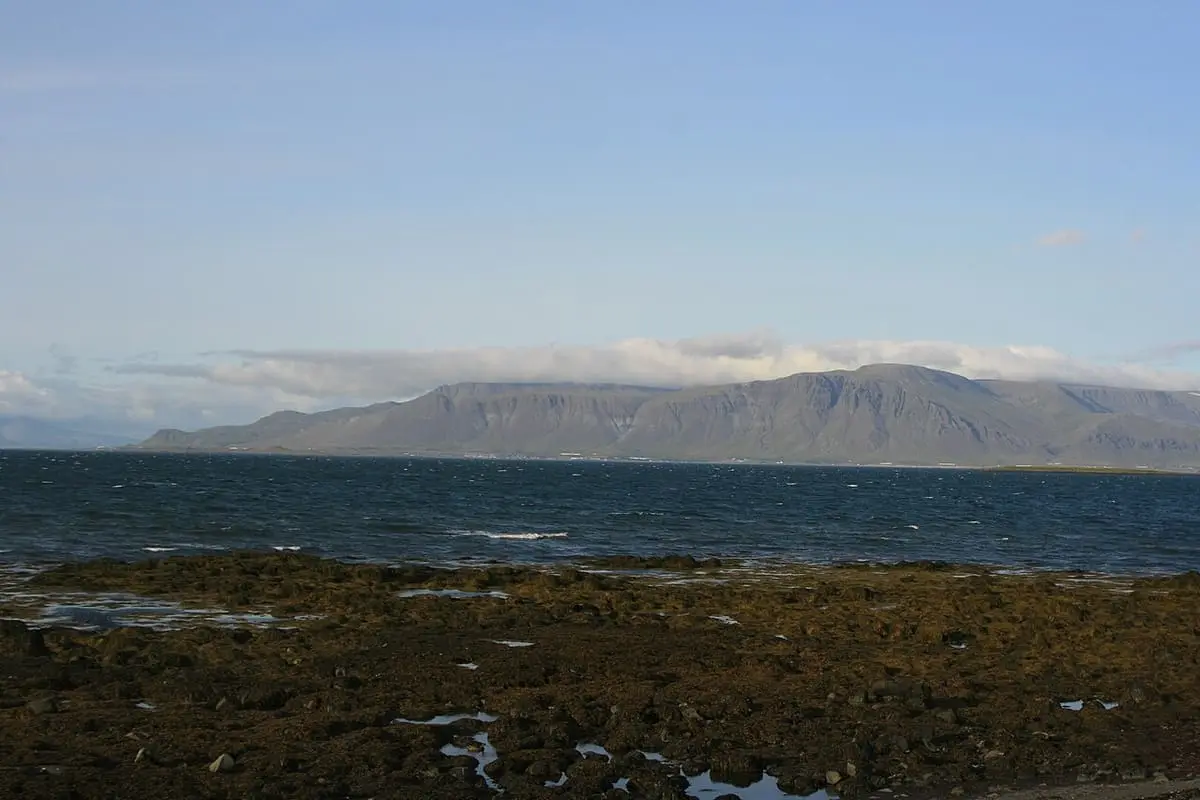 Rocky Seltjarnarnes shoreline looking across the bay to Mount Esja
