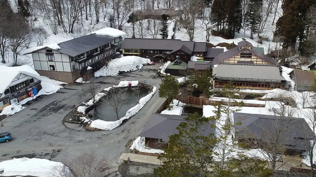 Aerial view of the Tsuta Onsen buildings and pond among snowy beech forest