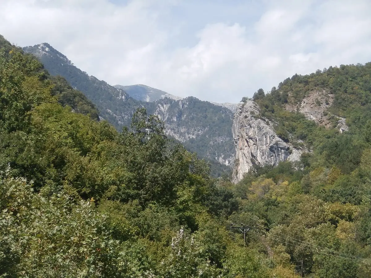Forested gorge and rocky peaks above Loutra Pozar in the Almopia mountains