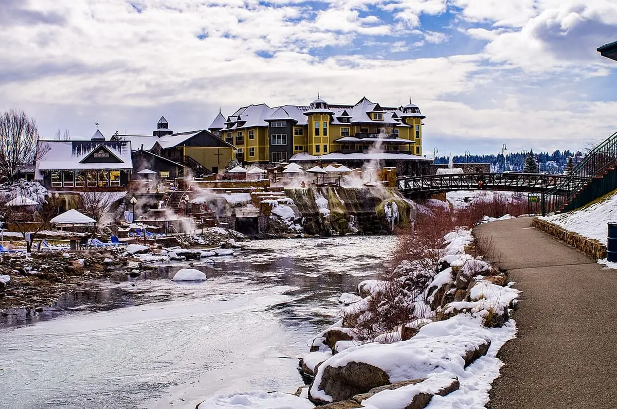 Steam rising from The Springs Resort terraces above the icy San Juan River in winter