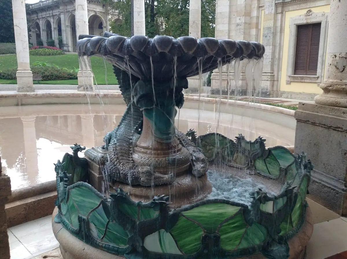 Green tiled fountain at the Tettuccio thermal building in Montecatini Terme