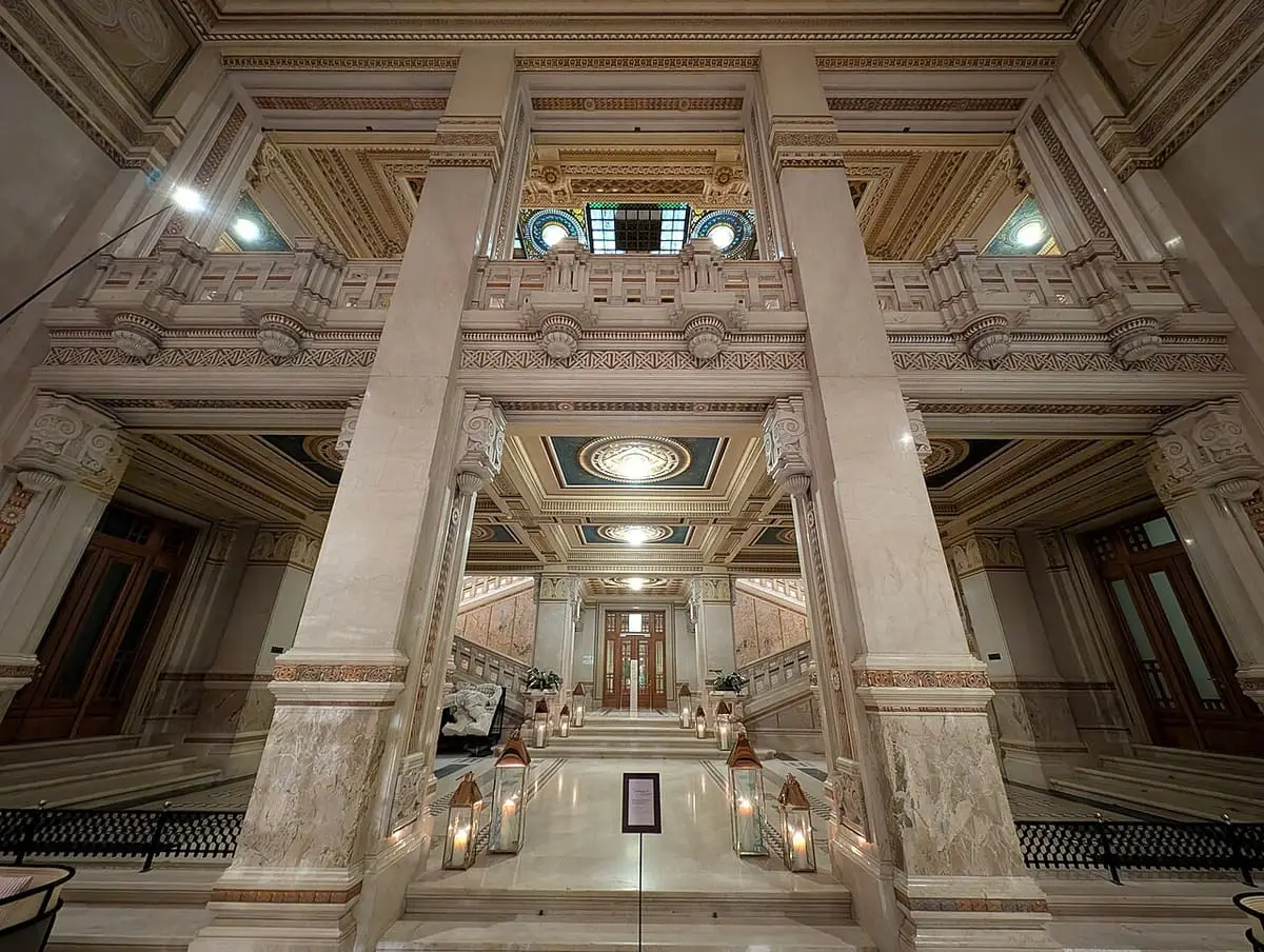 Columned atrium with coffered ceiling inside the Terme Berzieri in Salsomaggiore