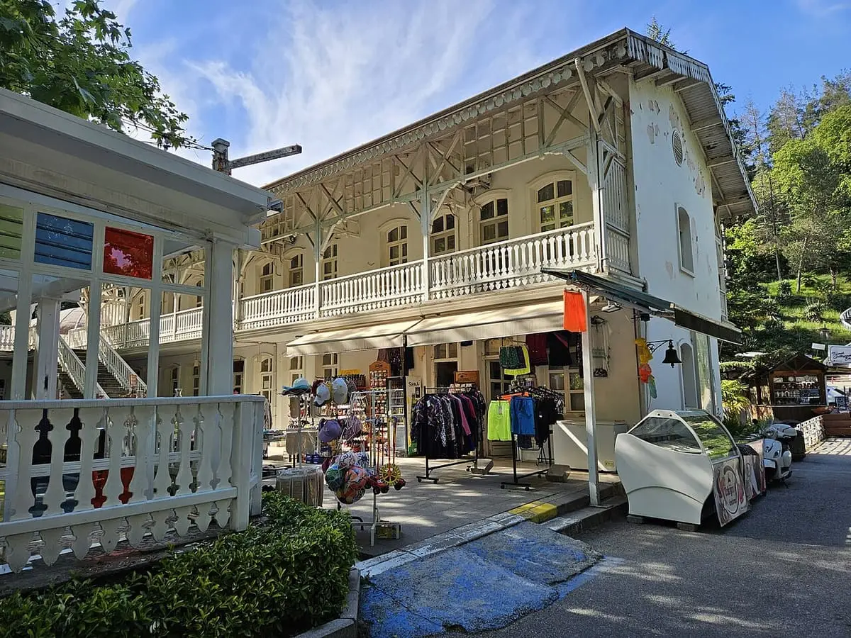 Historic wooden Çınar Hotel building near the thermal baths in Termal, Yalova