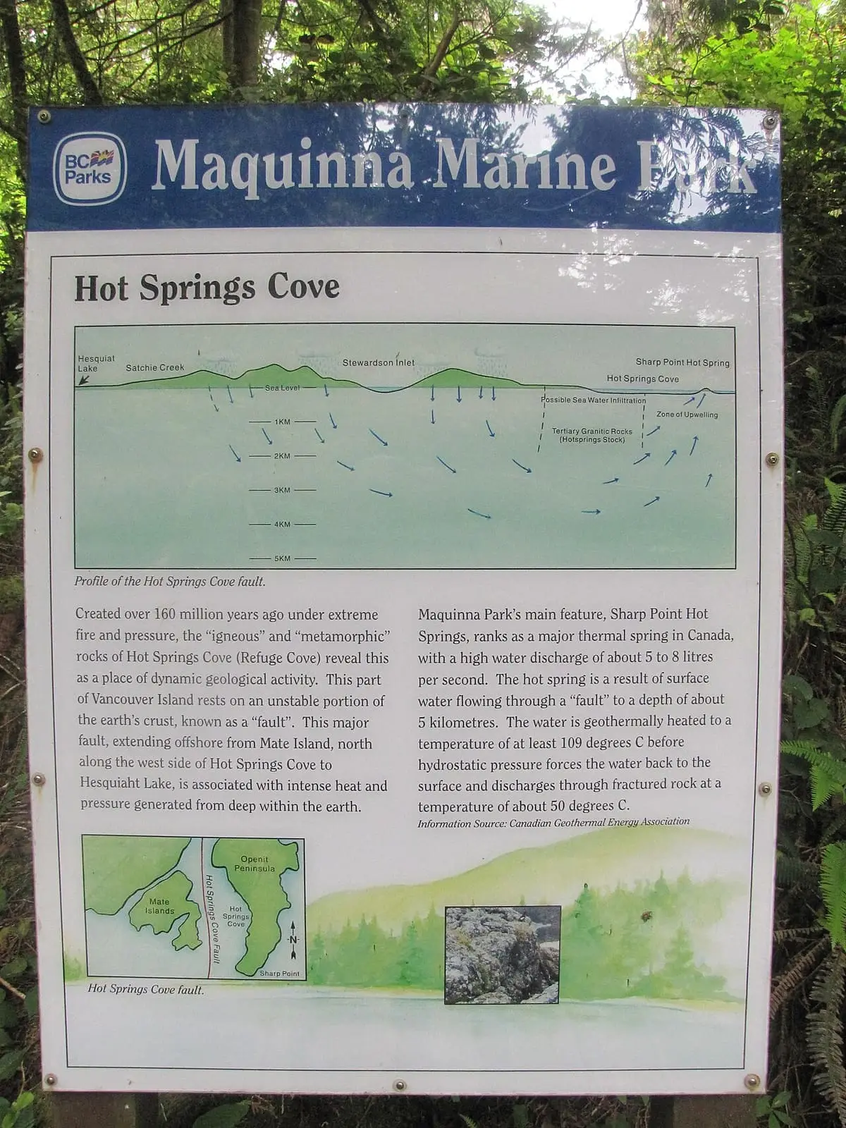 Maquinna Marine Park interpretive sign explaining the geology of Hot Springs Cove