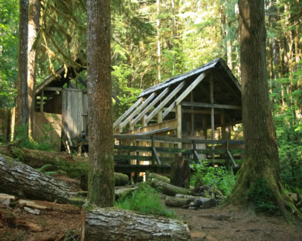 Wooden bathhouse at Bagby Hot Springs seen from the trail through tall forest trees