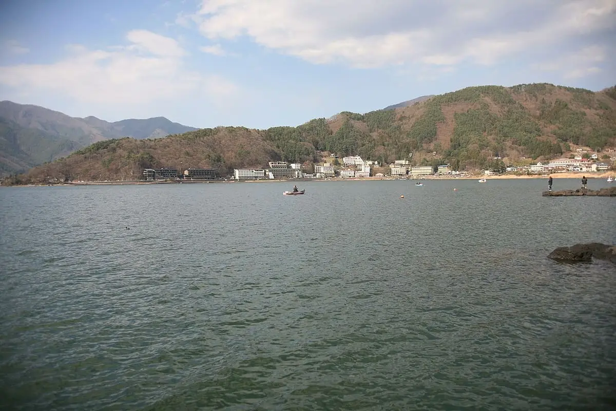 Lake Kawaguchi with the hotel lined shore and green hills beyond