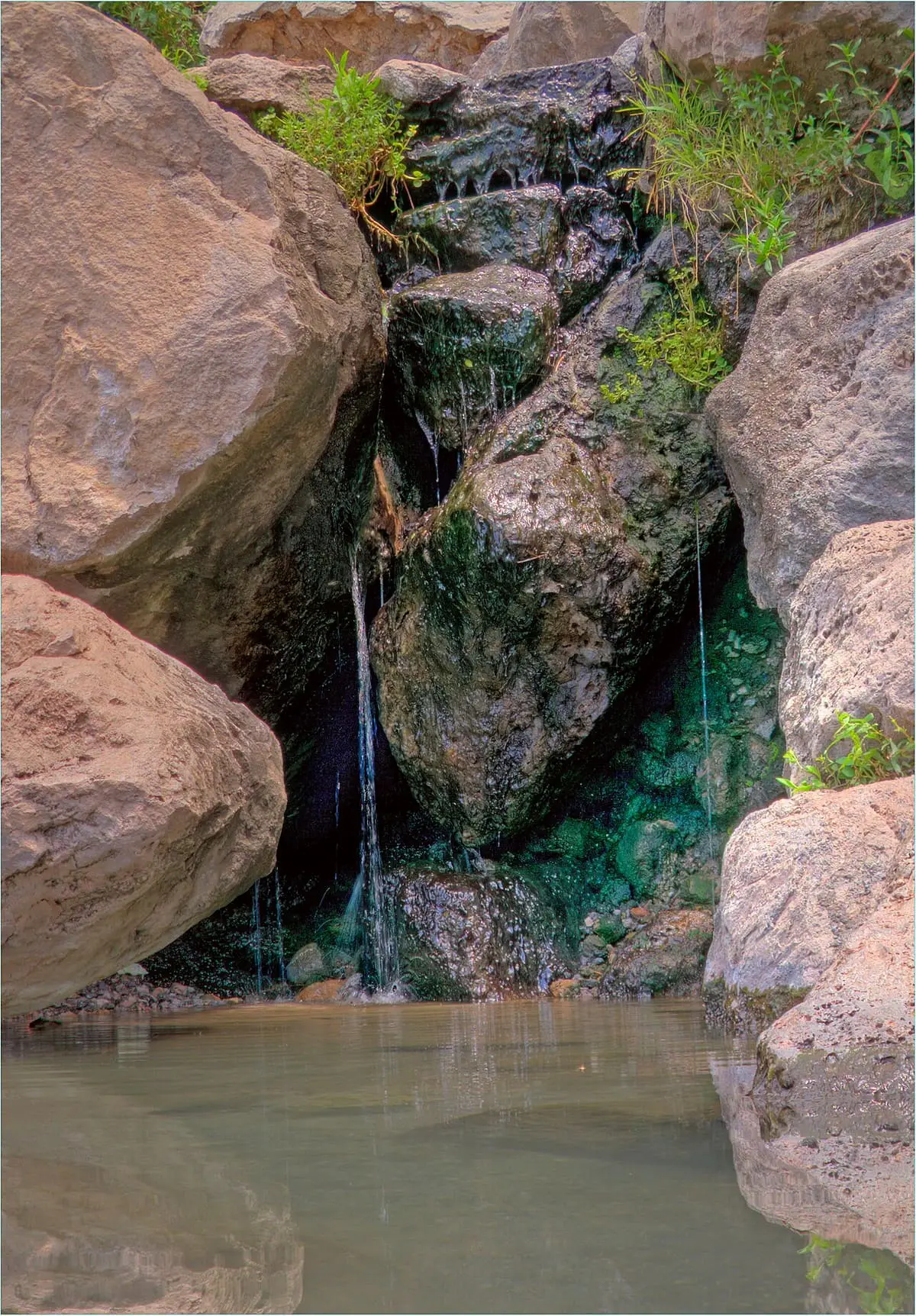 Warm water trickling down a mossy rock channel into the lower pool at Spence Hot Spring