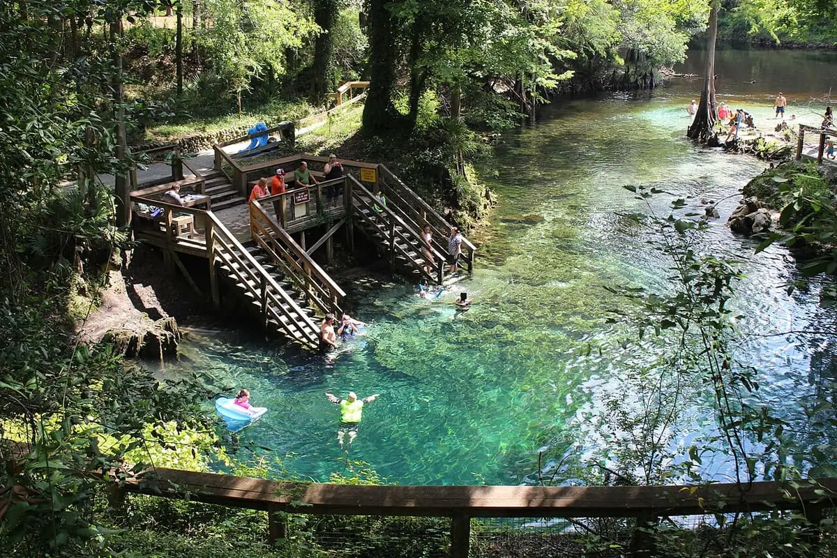 Wooden stairs and decks leading down into the clear blue water of Madison Blue Spring