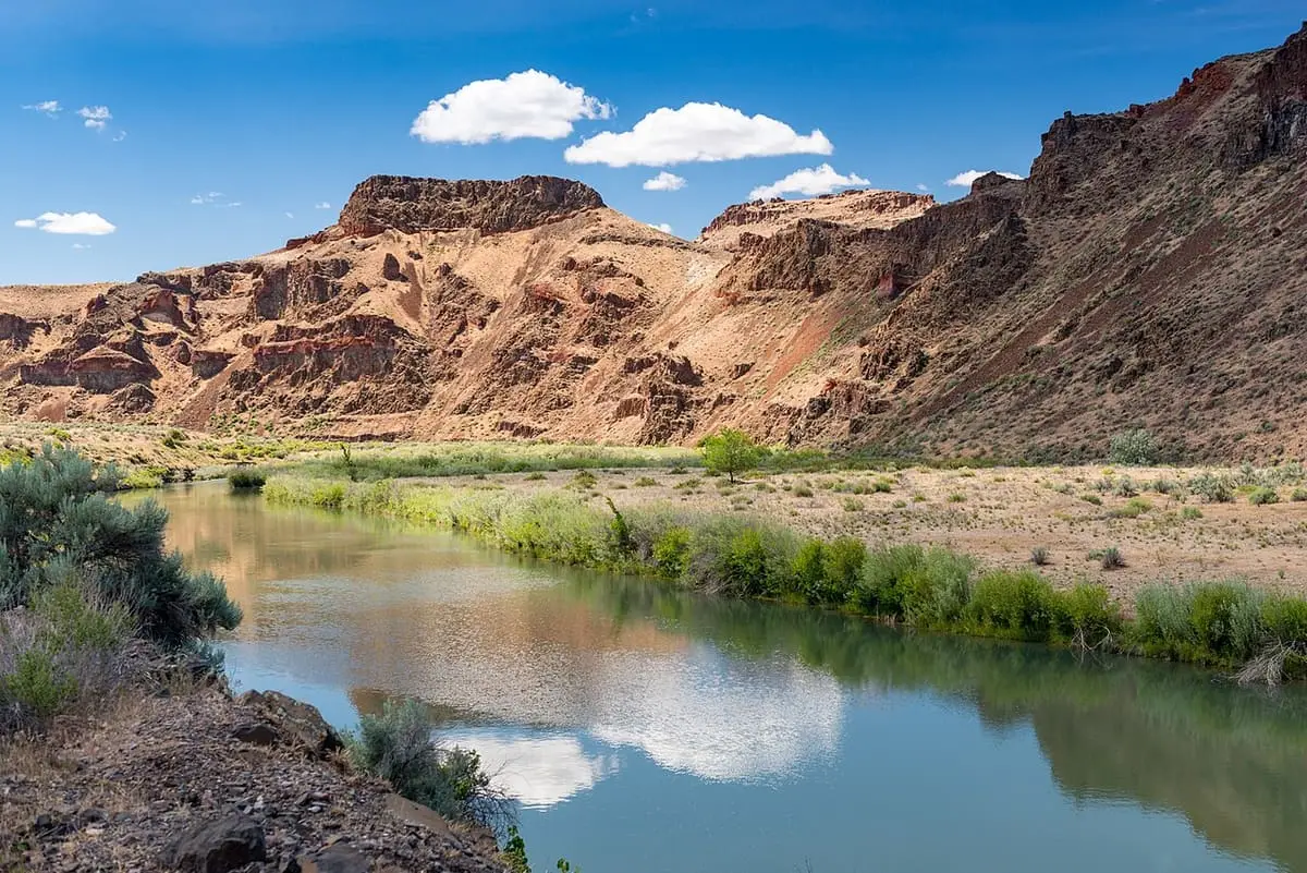 Owyhee River reflecting clouds and eroded canyon walls just south of Snively Hot Springs