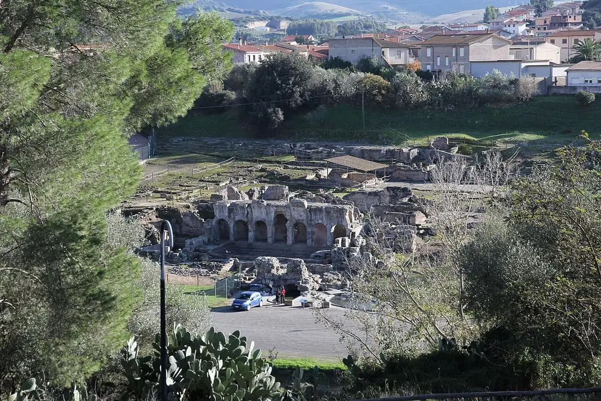 Roman bath ruins of Fordongianus seen from above with the town behind