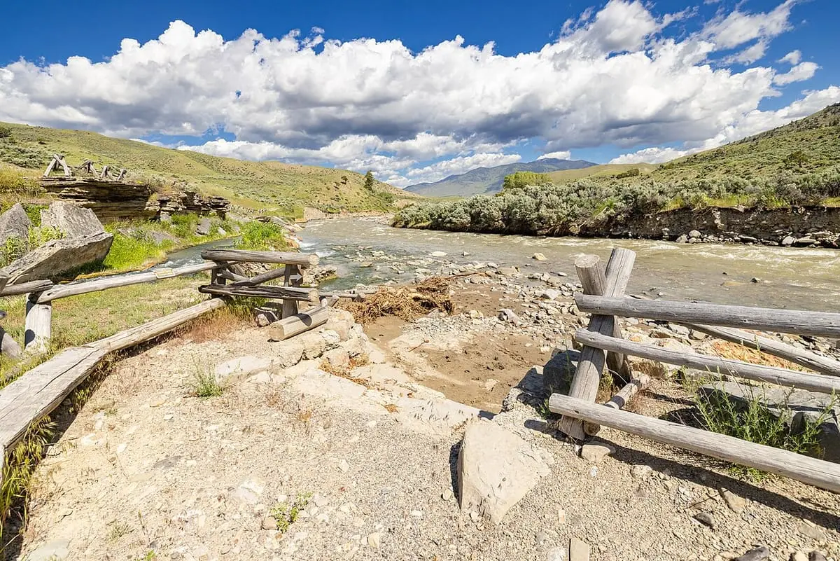 Washed out ground and broken fencing at Boiling River after the 2022 Yellowstone flood