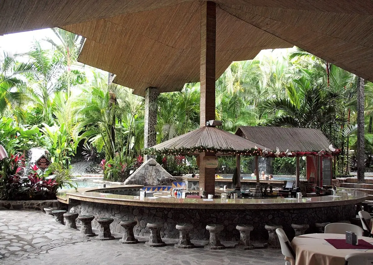 Thatched swim up bar with stools in a pool at Baldi Hot Springs