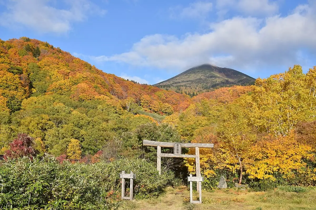 Shrine torii at Sukayu Onsen among autumn foliage with Odake peak behind