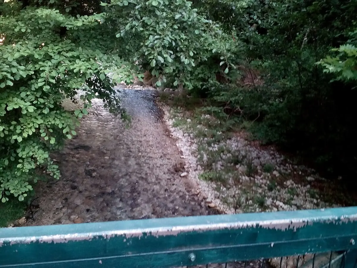 Shaded stream bed below a railing in the wooded valley at Loutra Pozar