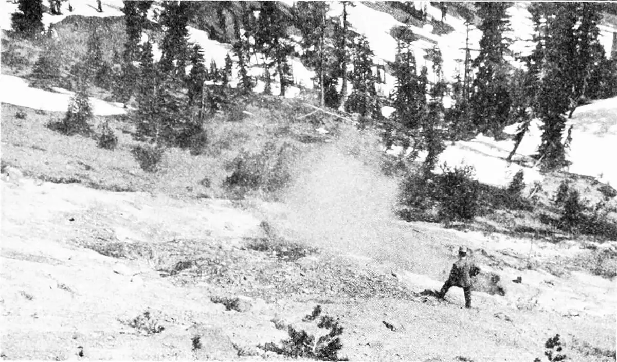 Historic view of steaming Soupan Springs on a snowy slope southwest of Lassen Peak