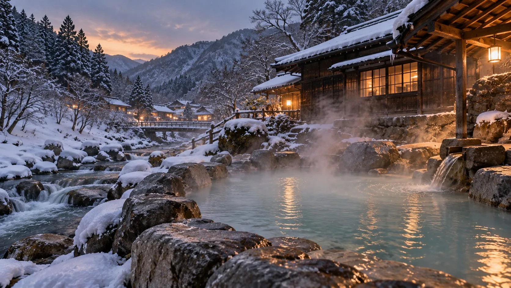 Open-air hot spring bath beside a wooden inn in a snowy mountain village at dusk