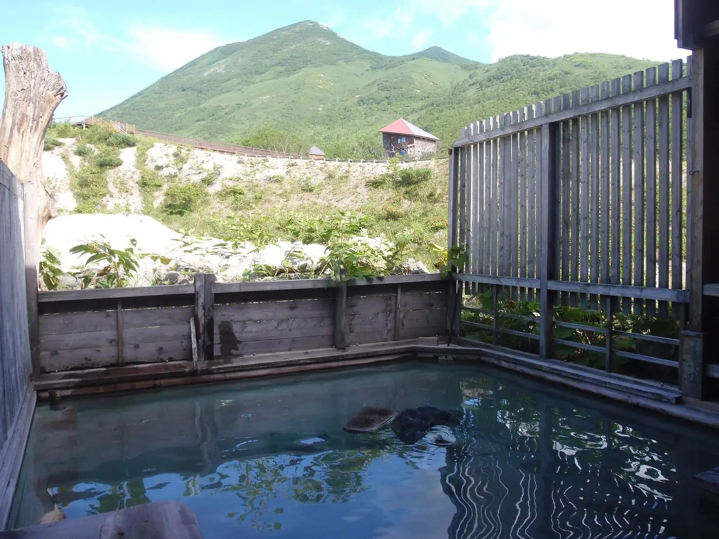 Wooden fenced outdoor bath at Niseko Goshiki Onsen with a green mountain beyond
