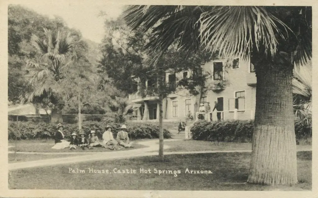 Historic 1908 postcard of the Palm House at Castle Hot Springs with palms and lawn