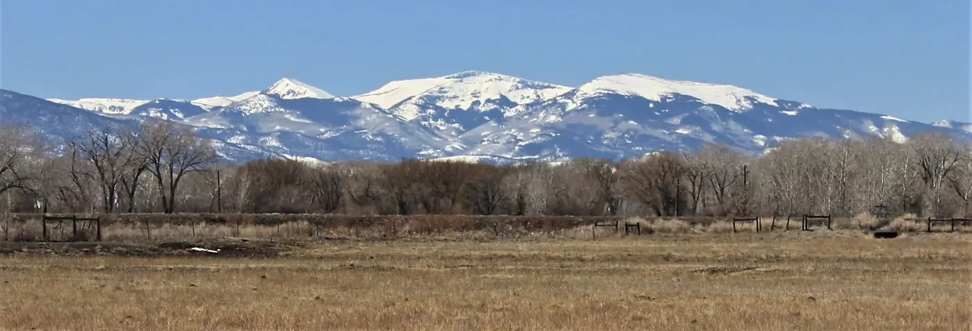 Snowy San Juan Mountains and Bennett Peak seen west across flat pastureland from Highway 17 near Alamosa