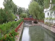 Clear spring fed channel at Balıklı Kaplıca in Kangal lined with railings and willow trees