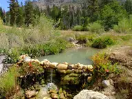Rock walled soaking pool with milky green water at Jordan Hot Springs surrounded by meadow and pines