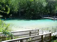 Turquoise swimming area at Fanning Springs seen from a wooden boardwalk under shady trees