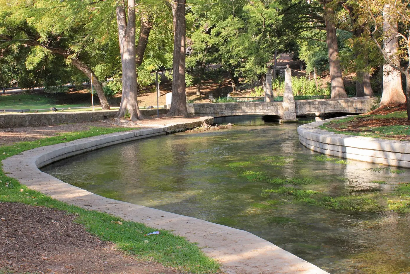 Clear spring fed Comal River channel and stone footbridge under shade trees in Landa Park