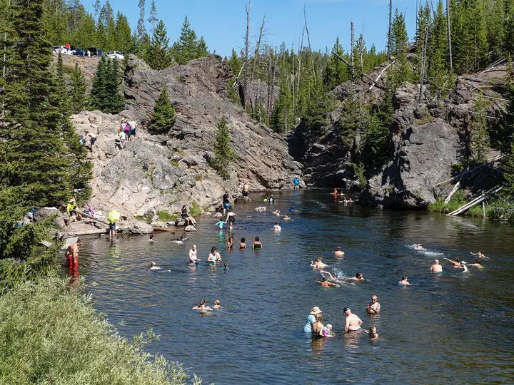 Firehole Swim Area in a rocky rhyolite canyon of the Firehole River lined with pines