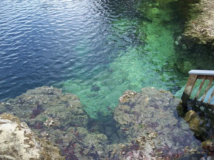 Clear green water of Troy Spring above limestone rocks beside a wooden platform