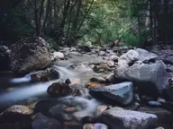 Big Sur River tumbling over mossy boulders in the forest near Sykes Hot Springs