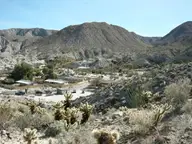 Agua Caliente County Park campground and buildings among cholla cactus below rocky desert hills