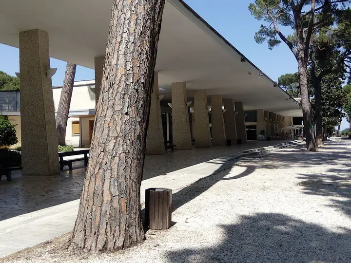 Long shaded colonnade among pine trees in the Acqua Santa spa park, Chianciano Terme