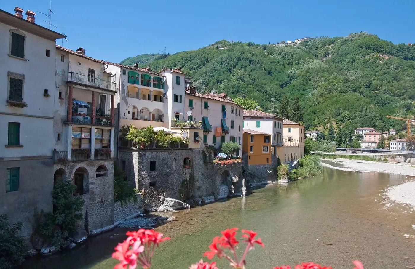 Lima river flowing past the riverside houses of Ponte a Serraglio in Bagni di Lucca