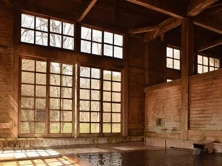 Wooden bath hall at Aoni Onsen with large paned windows and a shallow indoor bath