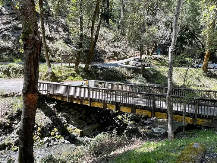 Wooden footbridge over a rocky creek on the wooded grounds of Orr Hot Springs Resort