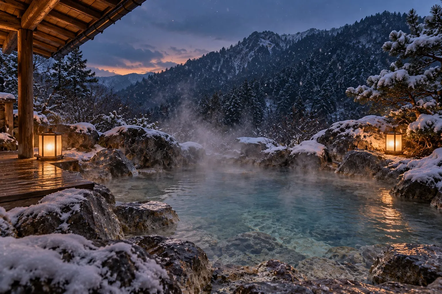 Lantern-lit hot spring pool beside a wooden bathhouse deck in a snowy mountain forest