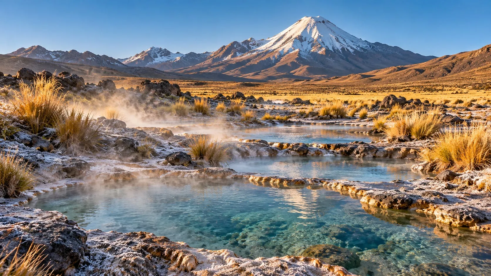 Geothermal pools on high Andean grassland below a snow-capped volcano