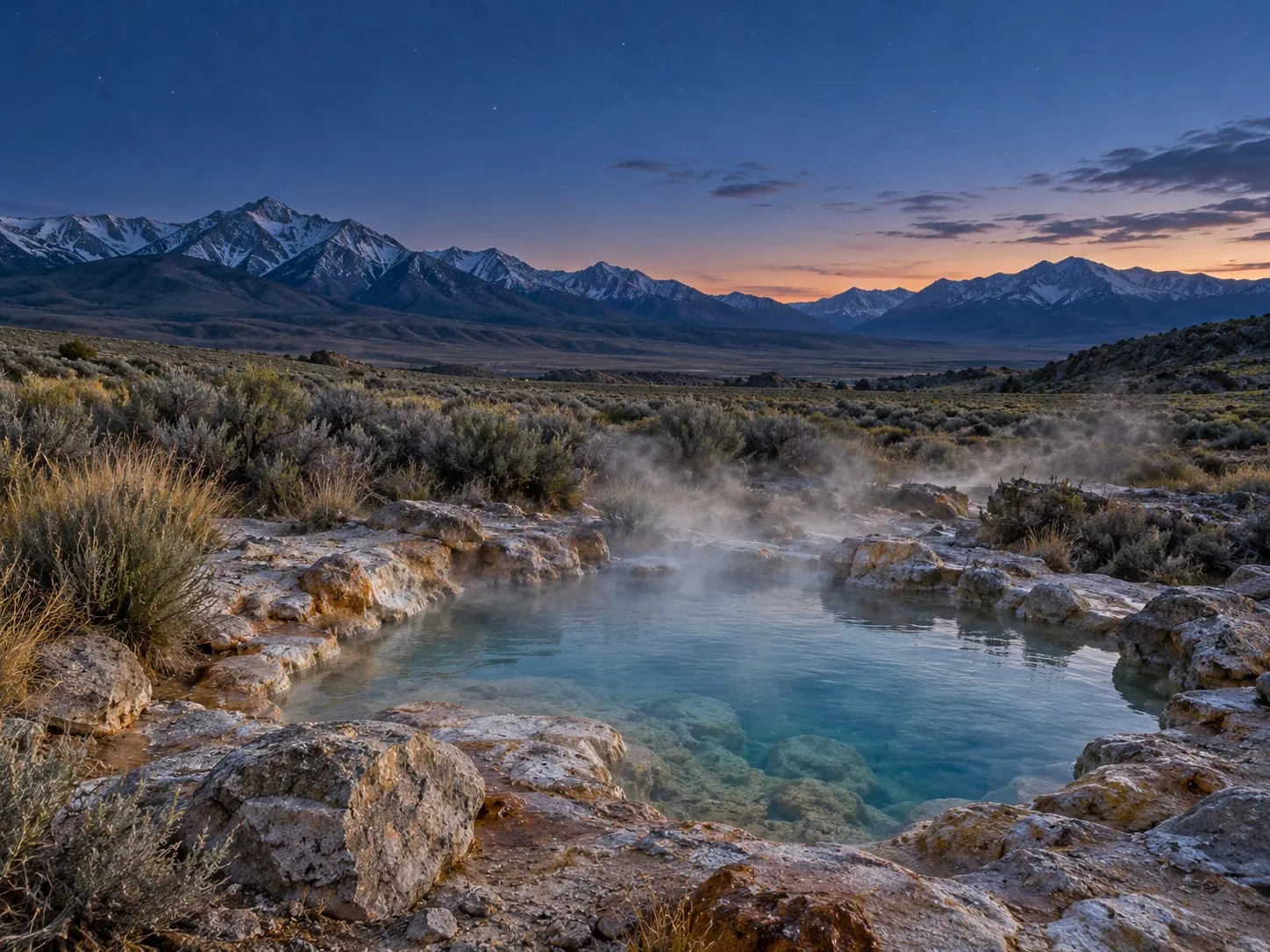 Steaming rock-rimmed natural hot spring pool in sagebrush below snowy mountains at dusk